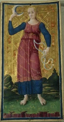A Lua, carta de tarô, c.1490, (guache e dourada no cartão)